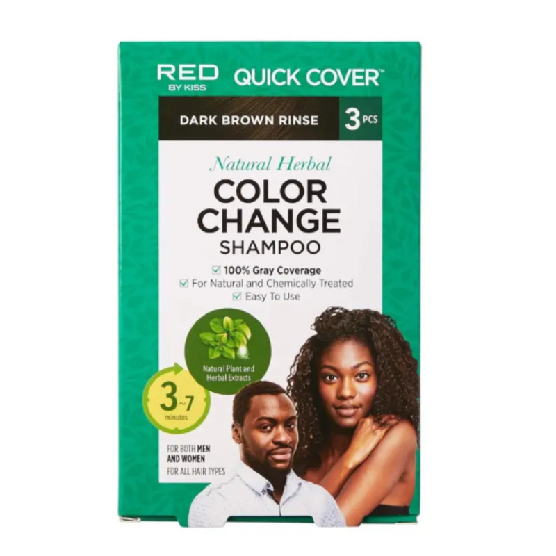 Red Quick Cover Dark Brown Rinse Color Change Shampoo box by Kiss, featuring a green and white package design with product details and model photos.