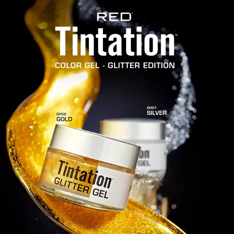 Tintation glitter gel with gold and silver colors on a dark background