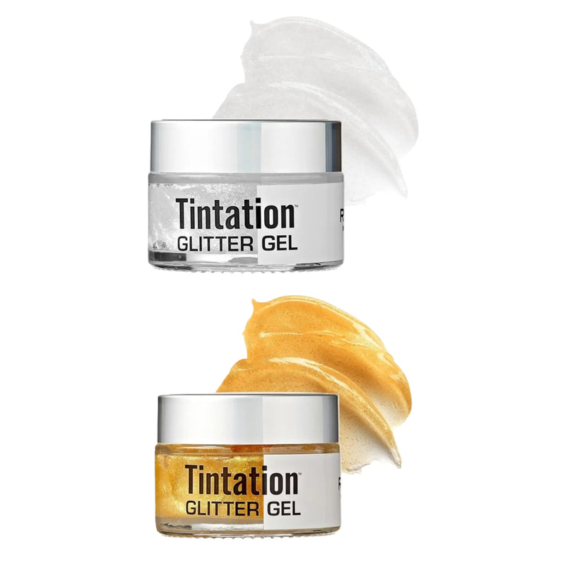 Two jars of Tintation Glitter Gel with swatches on a white background