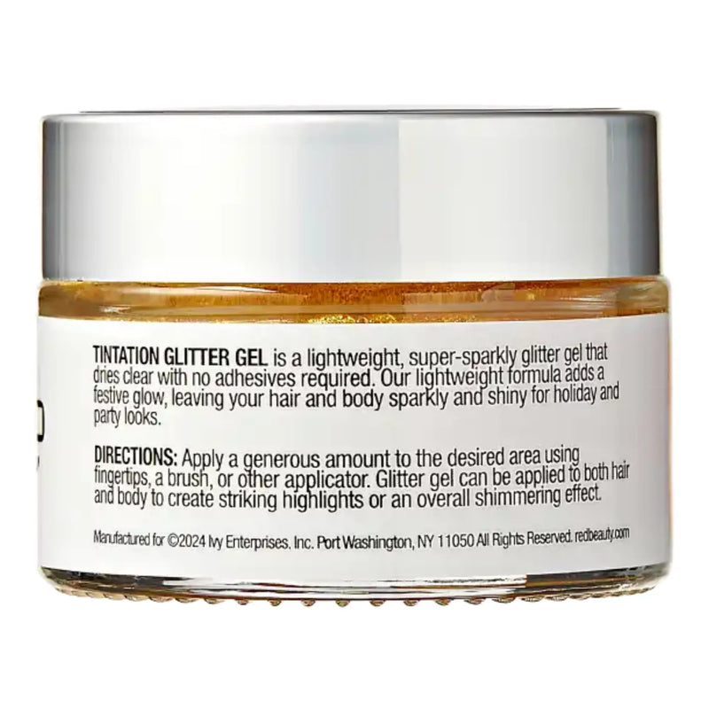 Jar of tintation glitter gel with label on a white background