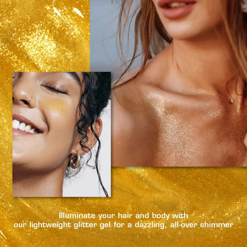 Woman with glittery gel on her skin and hair, with a close-up inset of her face.