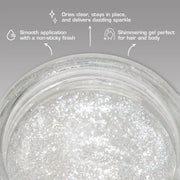 Close-up of a jar of glitter with text describing its properties on a gray background