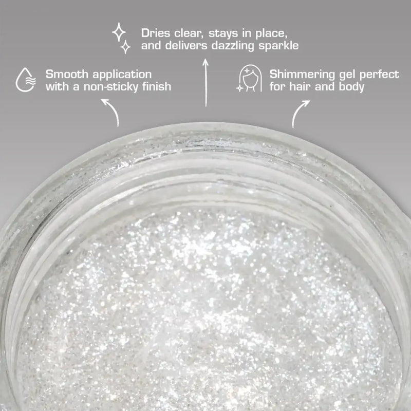 Close-up of a jar of glitter with text describing its properties on a gray background