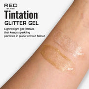 Tintation Glitter Gel swatches on arm with product name and description
