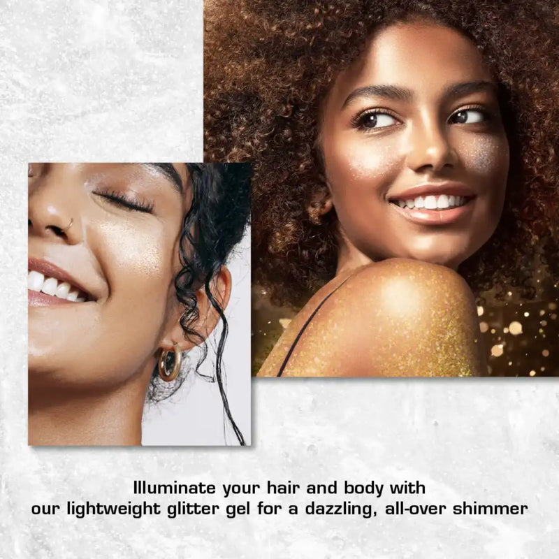 Woman with glittery hair and skin, promotional text for a lightweight glitter gel.