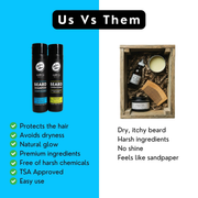 Comparison chart titled 'Us Vs Them' showing beard care products on a blue background with text detailing benefits and drawbacks.