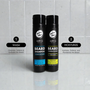 Two bottles of Rolda beard care products on a tiled bathroom wall background.