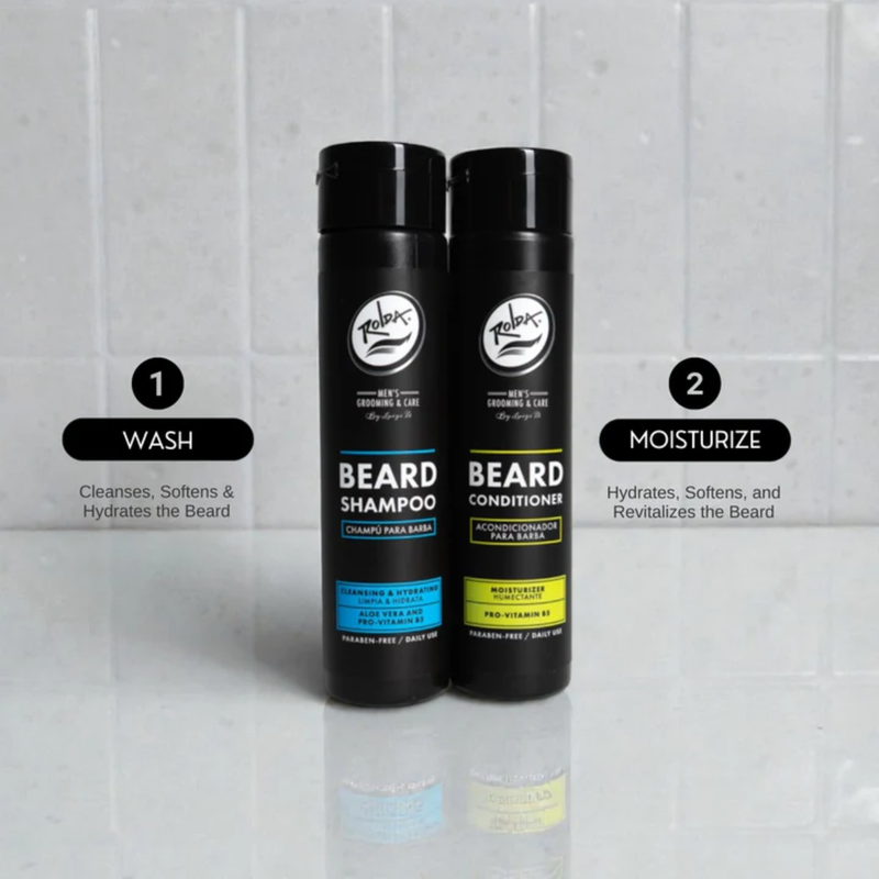 Two bottles of Rolda beard care products on a tiled bathroom wall background.