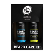 Beard care kit with shampoo and conditioner in a black packaging box.