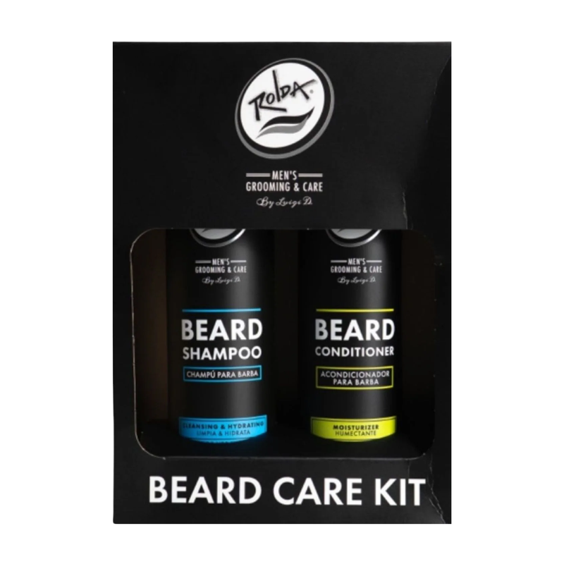 Beard care kit with shampoo and conditioner in a black packaging box.