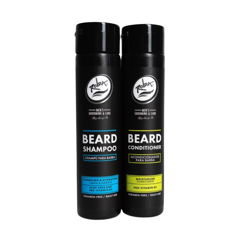 Two bottles of Rolda beard care products on a white background