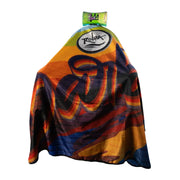 Colorful barber cape with brand logo on a white background