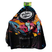 Colorful batber cape with 'Rolda' branding on a white background