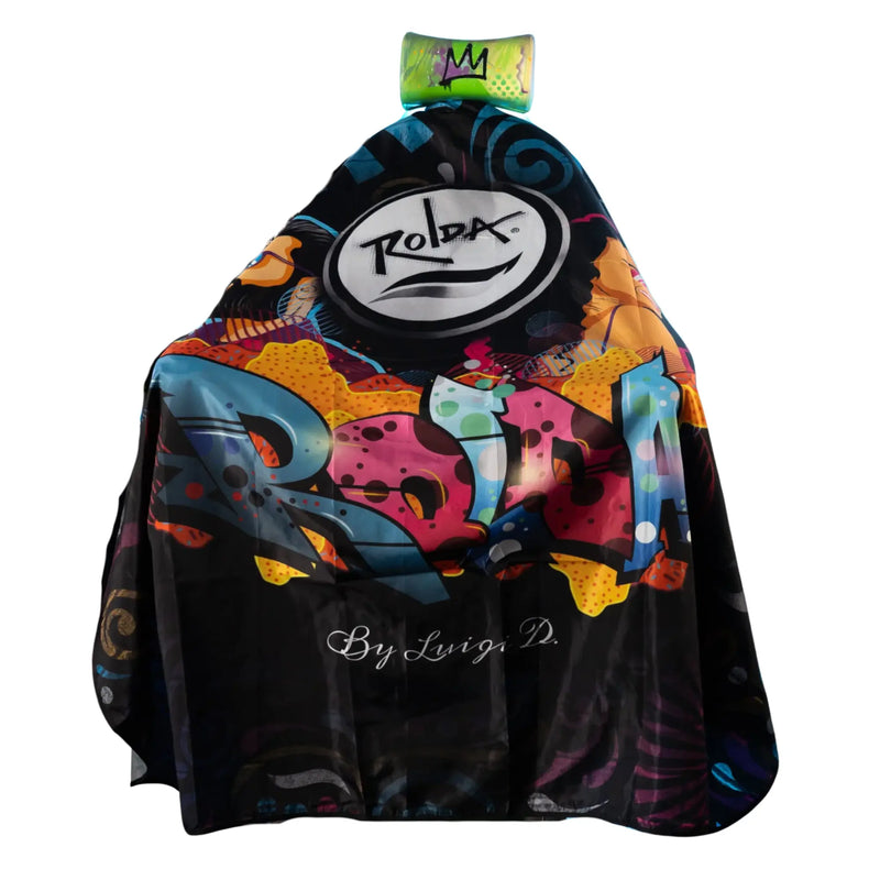 Colorful batber cape with 'Rolda' branding on a white background