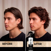 Before and after comparison of a man's hairstyle with a sea salt spray product.