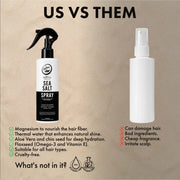 Comparison of a Sea Salt Spray bottle labeled 'Us' with a plain white spray bottle labeled 'Them' on a beige background.