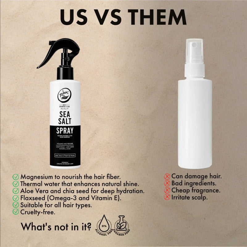 Comparison of a Sea Salt Spray bottle labeled 'Us' with a plain white spray bottle labeled 'Them' on a beige background.