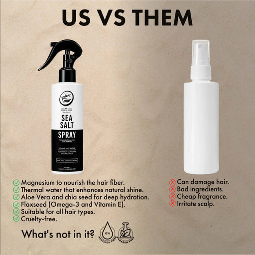 Comparison of a Sea Salt Spray bottle labeled 'Us' with a plain white spray bottle labeled 'Them' on a beige background.