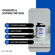 Shave gel container with hydration benefits listed on a white and blue background