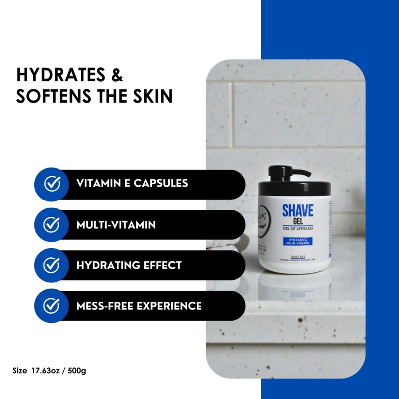 Shave gel container with hydration benefits listed on a white and blue background