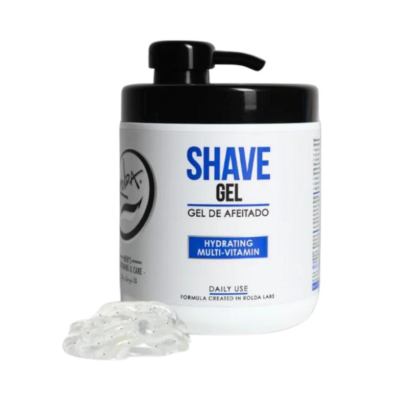 Shave gel container with pump and gel on a white background