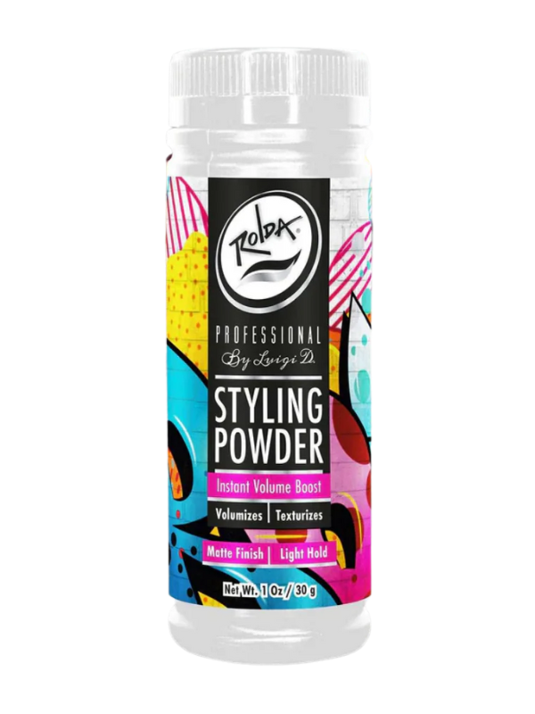 Jar of Rolda Styling Powder with colorful label on a white background