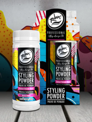 Styling powder with packaging on a colorful abstract background