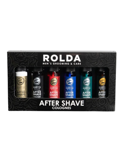 Box of Rolda after shave colognes on a white background