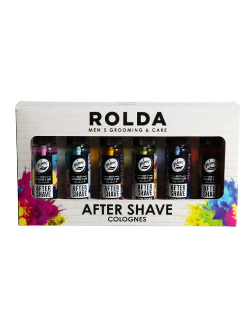 Box of Rolda after shave colognes with colorful design on a white background