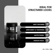 Jar of matte hair product with features listed on a gray background