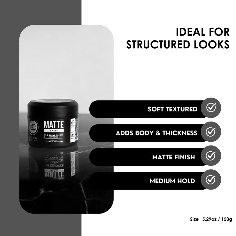Jar of matte hair product with features listed on a gray background