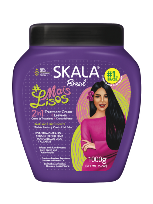Purple Skala hair care product container with a woman's face on the label.