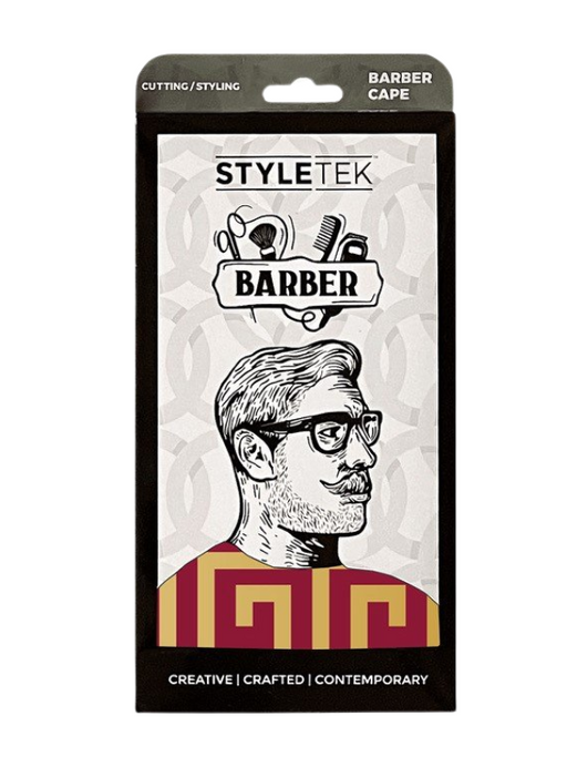 Package of Styletek Barber cape with a stylized illustration of a man with glasses and a beard.