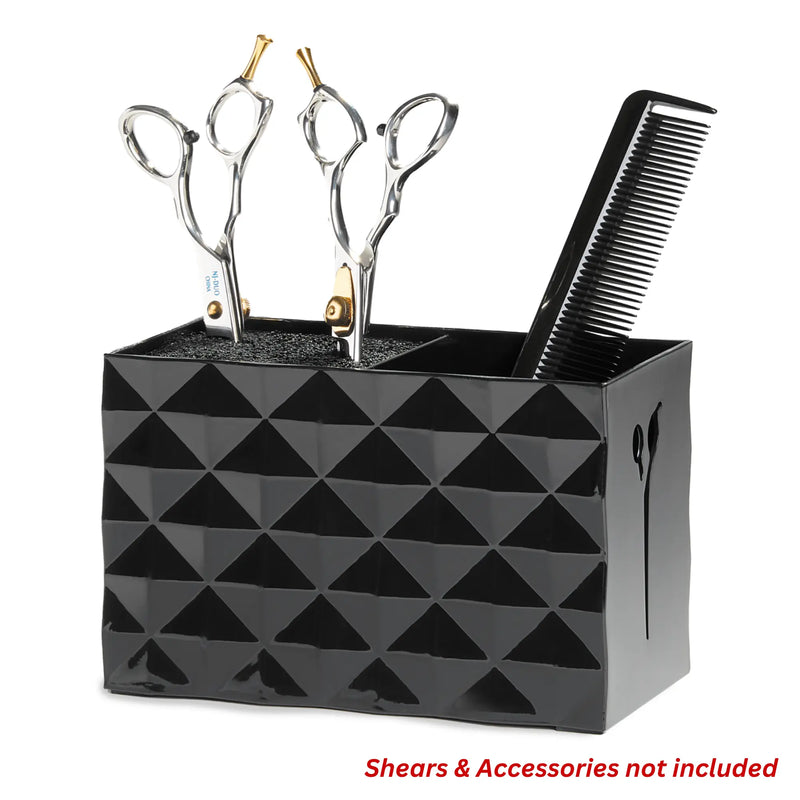 Black deluxe shear holder storage box holding shears and a comb on a white background
