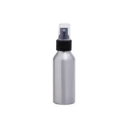 A blank metallic silver spray bottle with a black ribbed collar and a clear plastic spray top, isolated on a white background.