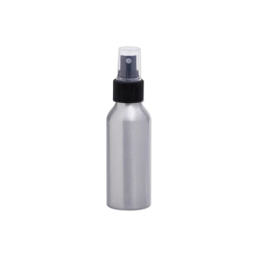 A blank metallic silver spray bottle with a black ribbed collar and a clear plastic spray top, isolated on a white background.