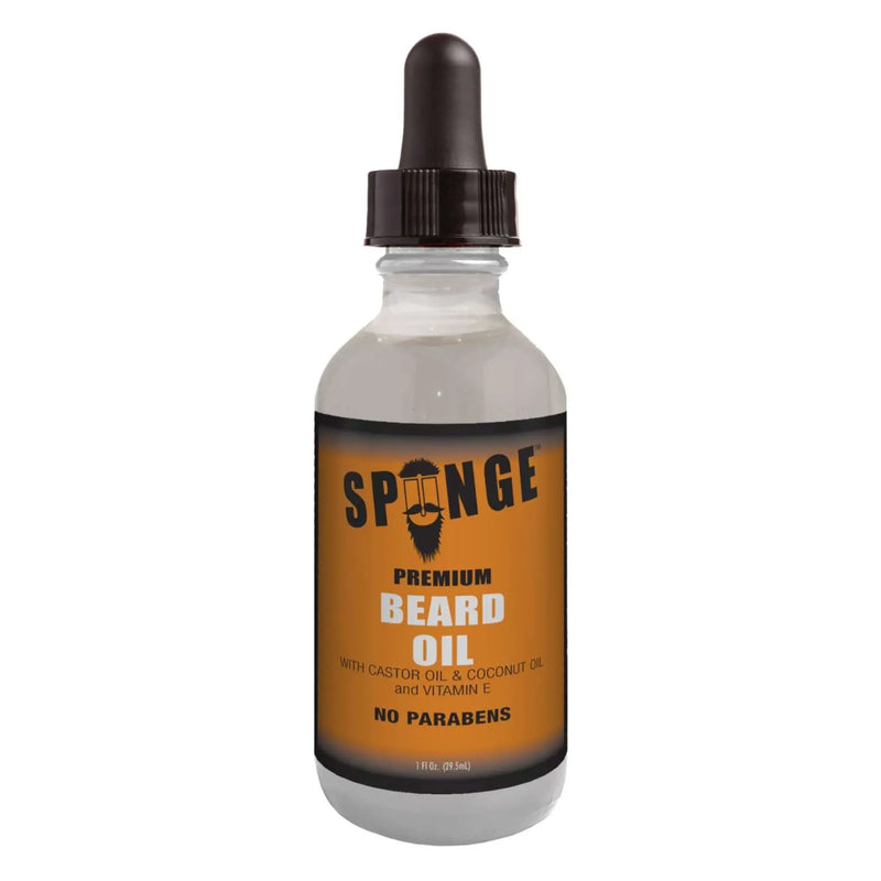 Bottle of Spunge Premium Beard Oil with a dropper on a white background