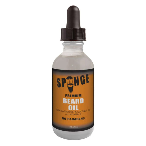 Bottle of Spunge Premium Beard Oil with a dropper on a white background