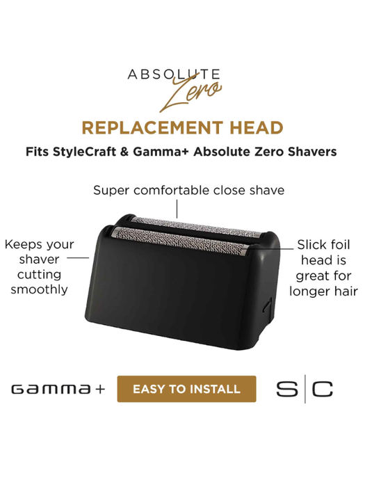 Replacement head for StyleCraft and Gamma+ shavers with features highlighted on a white background.