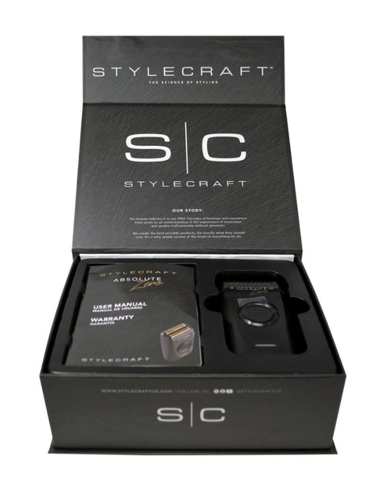 Stylecraft product packaging with a black box containing a device and user manual.