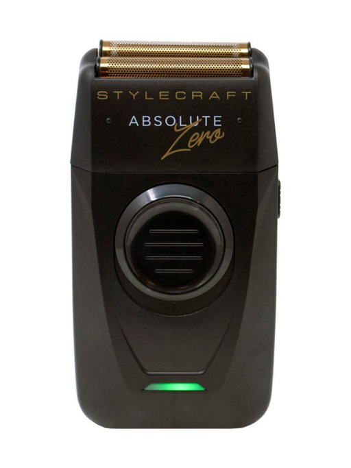 Black electric shaver with gold accents on a white background