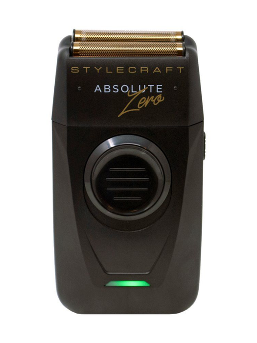 Black electric shaver with gold accents on a white background