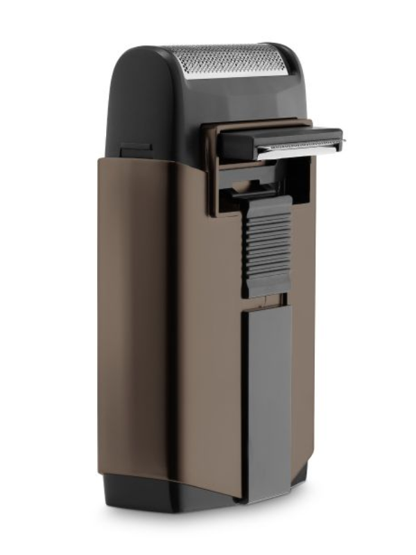 Brown and black electric shaver on a white background