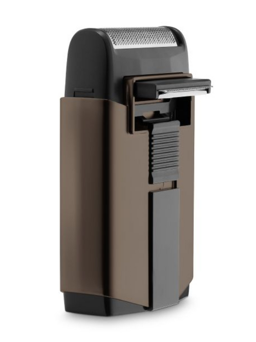 Brown and black electric shaver on a white background