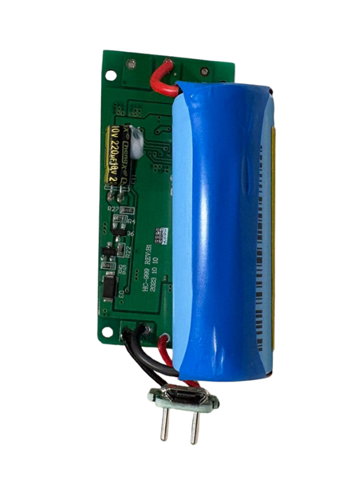 Electronic component with blue capacitor and green circuit board on a white background