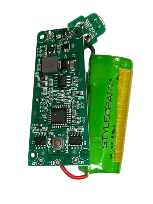 Electronic circuit board with a Stylecraft battery on a white background