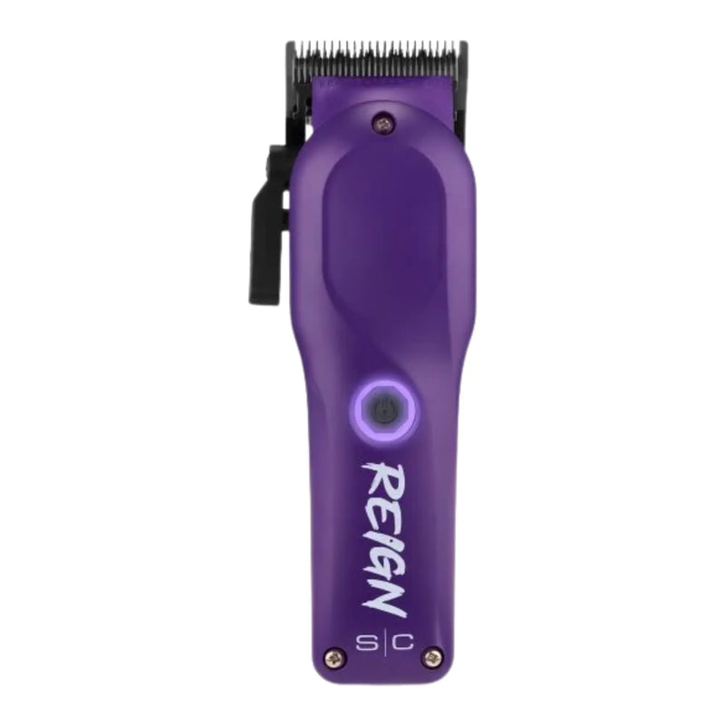 Purple hair clipper with 'Reign' branding on a white background