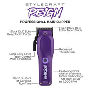 Purple hair clipper with features labeled on a white background
