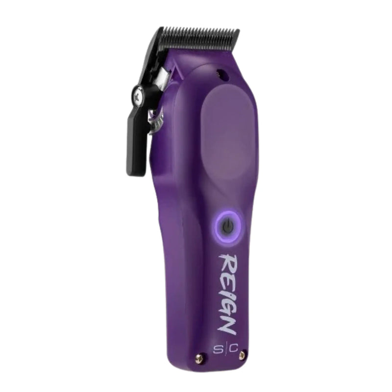 Purple hair clipper with 'Reign' branding on a white background