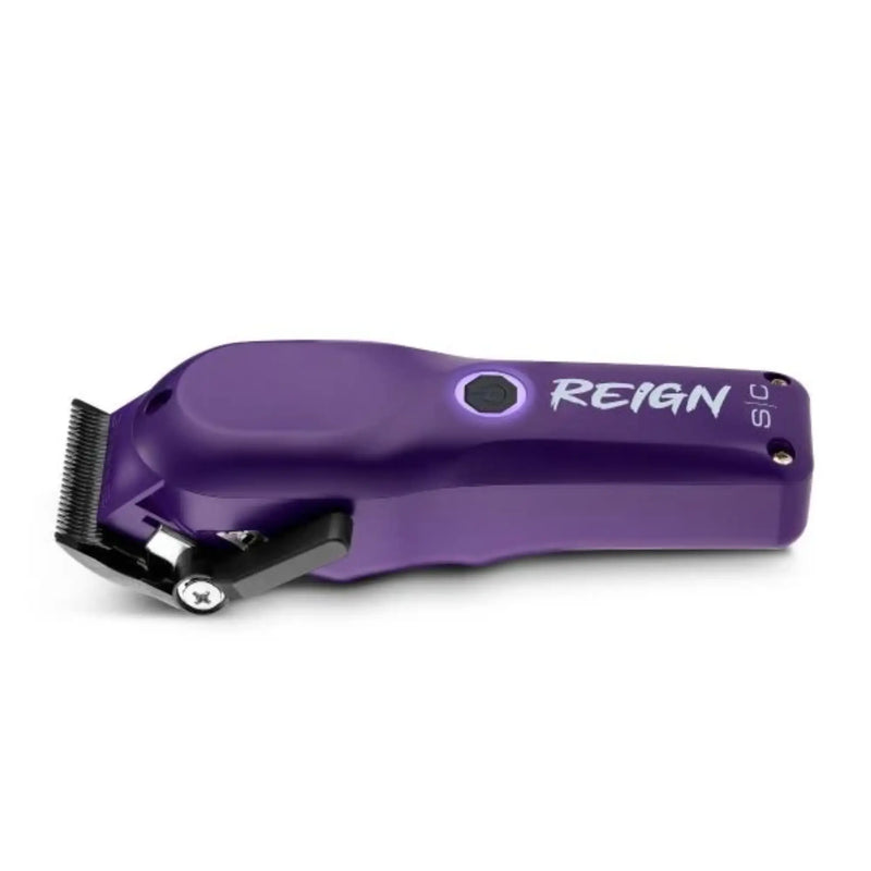 Purple hair trimmer with 'REIGN' branding on a white background